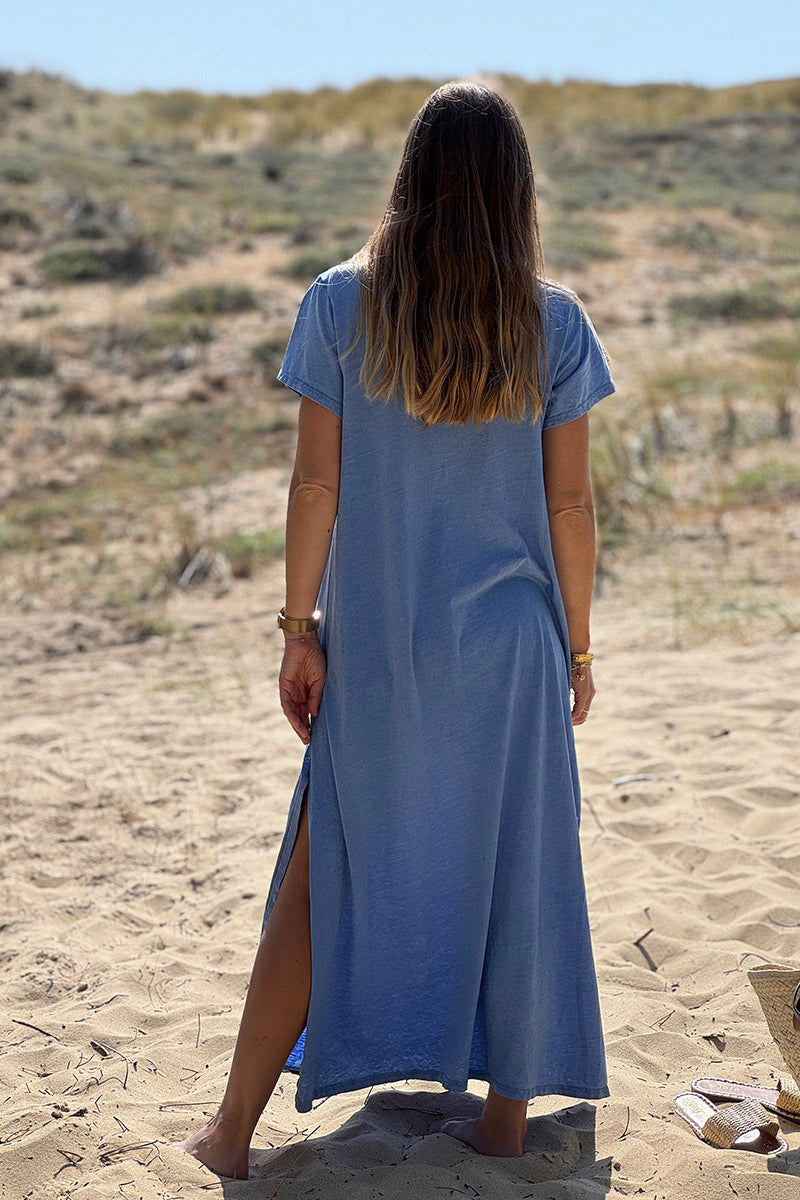 Robe tshirt longue bleu roi délavé logo vintage rock col v