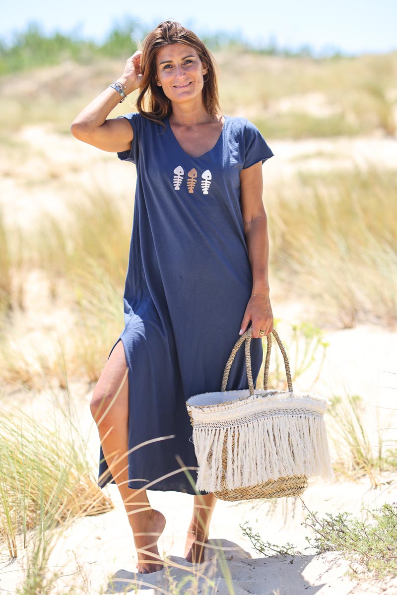 Robe t-shirt longue col V trio poissons bleu marine