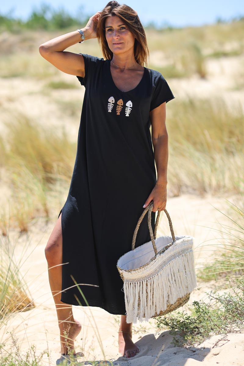 Black V-neck maxi t-shirt dress with trio fish