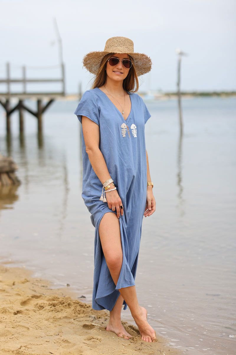 Dusty blue V-neck maxi t-shirt dress with trio fish