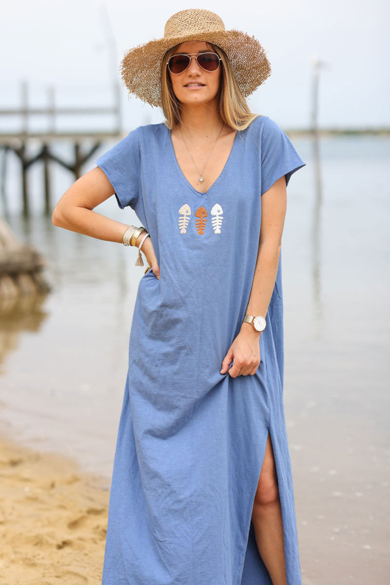 Dusty blue V-neck maxi t-shirt dress with trio fish