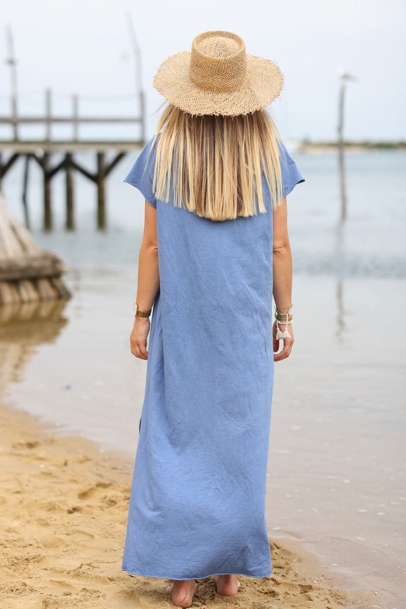 Dusty blue V-neck maxi t-shirt dress with trio fish