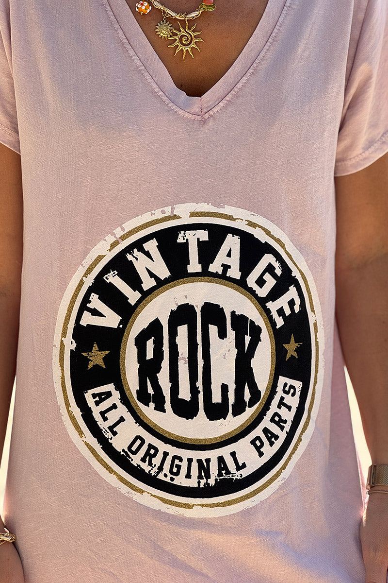Powder Pink Vintage Rock V-Neck T-Shirt Dress