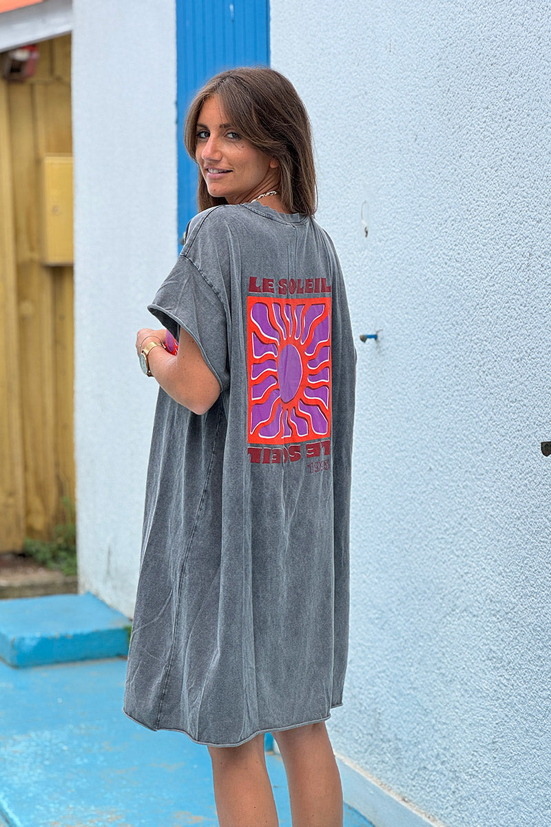 Robe t-shirt stretch et confort gris délavé imprimé logo Le Soleil dans le dos col v