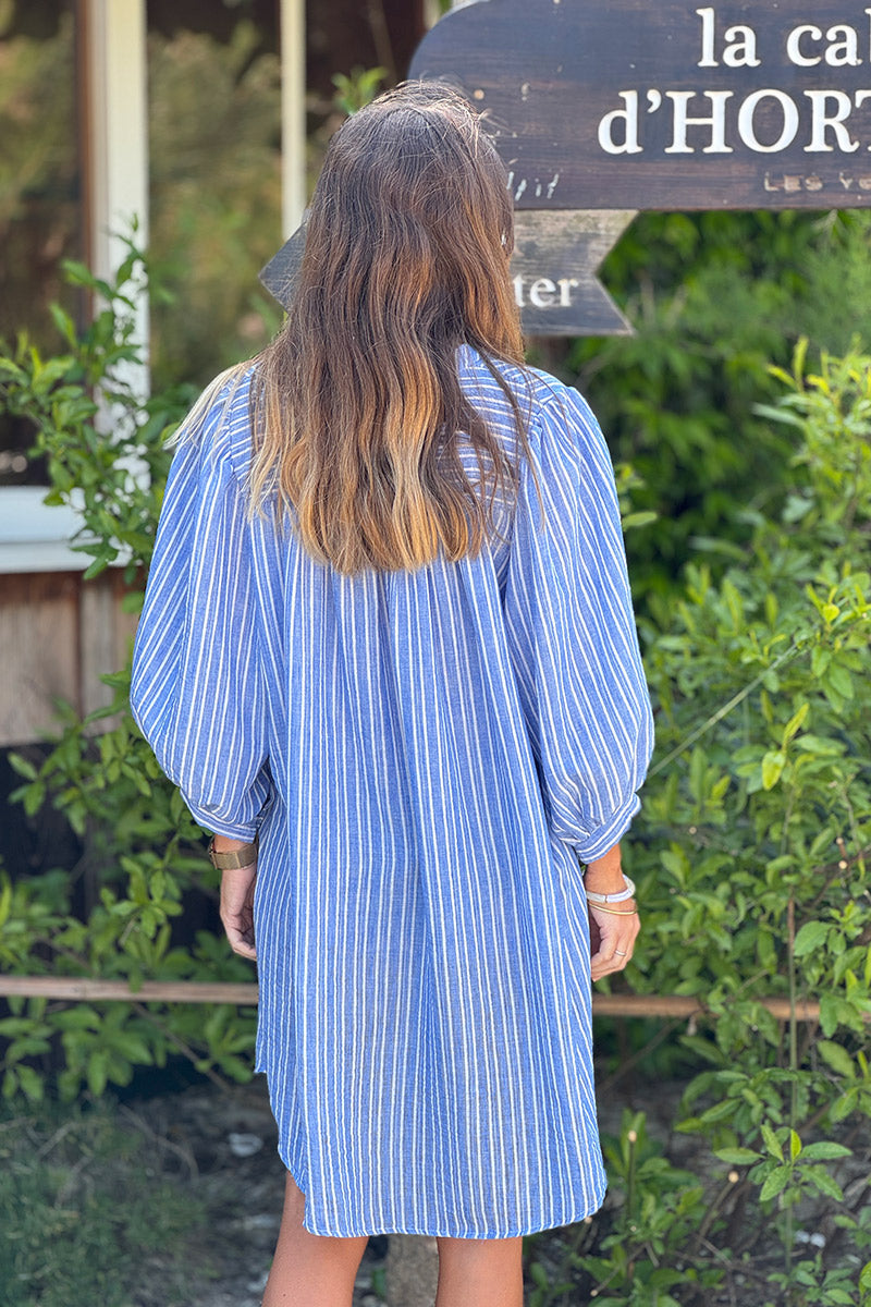 Blue Pinstripe Linen Cottage Dress