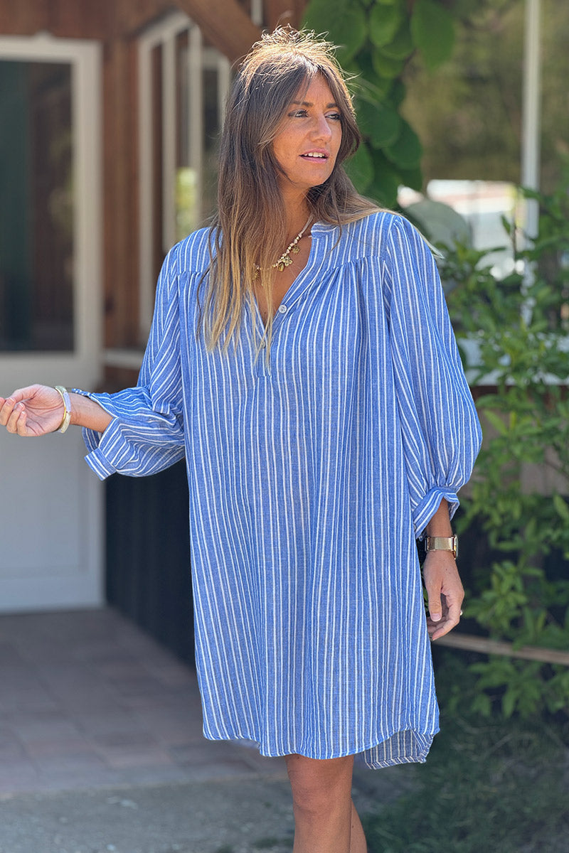 Blue Pinstripe Linen Cottage Dress