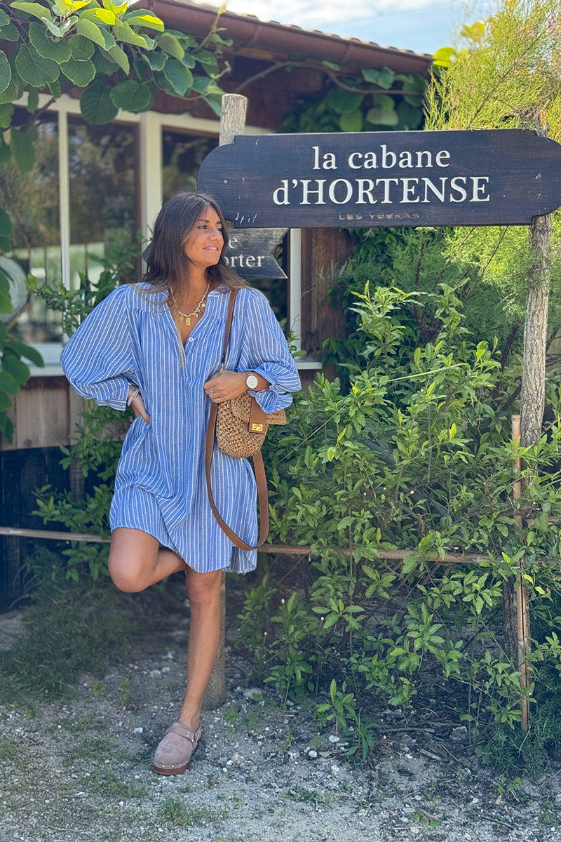Blue Pinstripe Linen Cottage Dress
