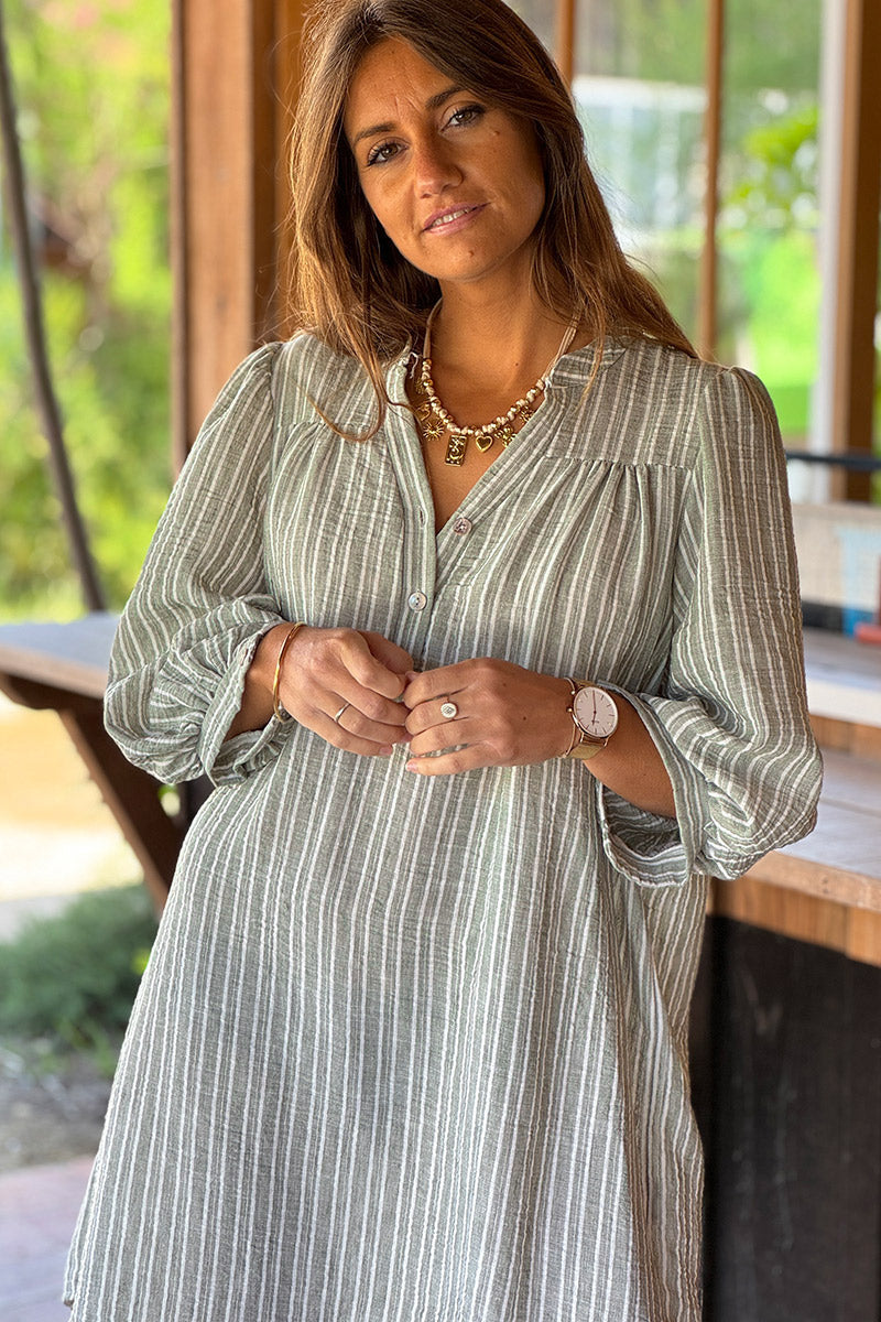 Olive Pinstripe Linen Cottage Dress