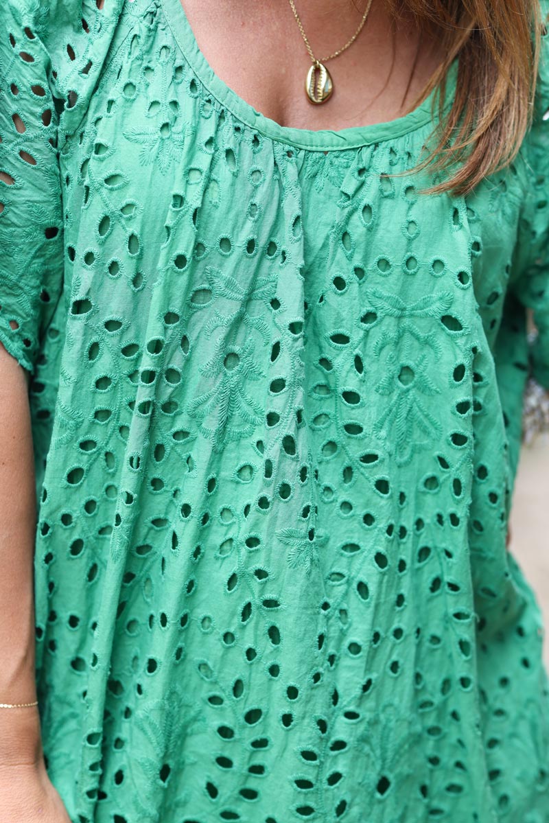 Robe verte en broderie anglaise col rond G064 (1)