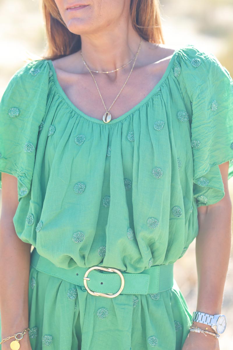 Robe verte en voile de coton doublee a pois argentes g063 (1)