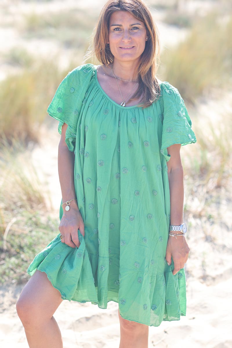 Robe verte en voile de coton doublee a pois argentes g063 (1)