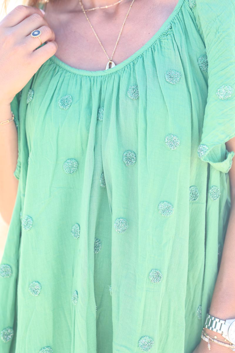 Robe verte en voile de coton doublee a pois argentes g063 (1)