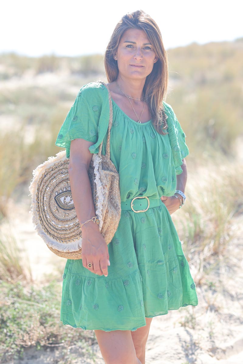 Robe verte en voile de coton doublee a pois argentes g063 (1)