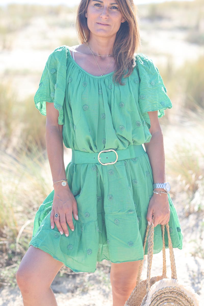 Robe verte en voile de coton doublee a pois argentes g063 (1)