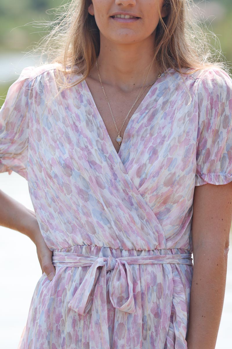 Robe voilage motif aquarelle bleu et rose lisere dore E151 (1)