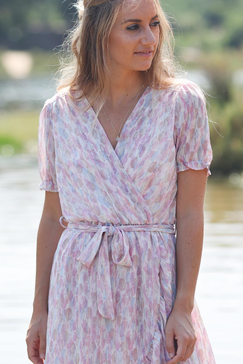 Robe voilage motif aquarelle bleu et rose lisere dore E151 (1)
