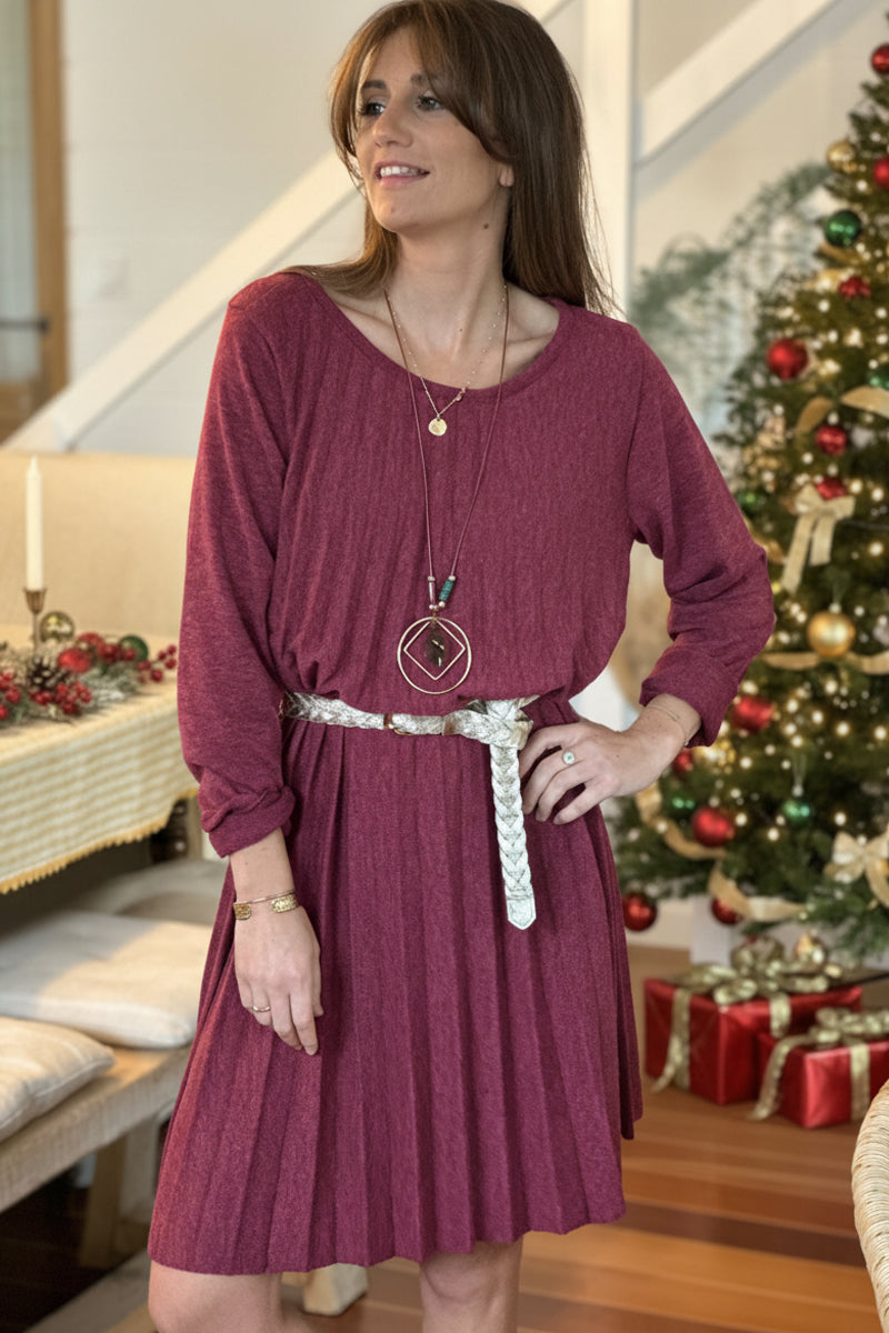 Burgundy Pleated Long-Sleeve Knit Dress with Metallic Woven Belt