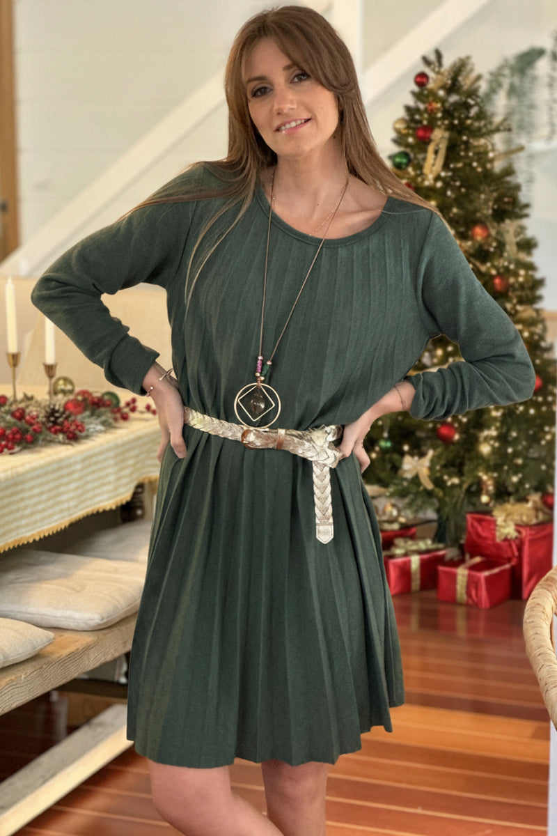 Olive Pleated Long-Sleeve Knit Dress with Metallic Woven Belt