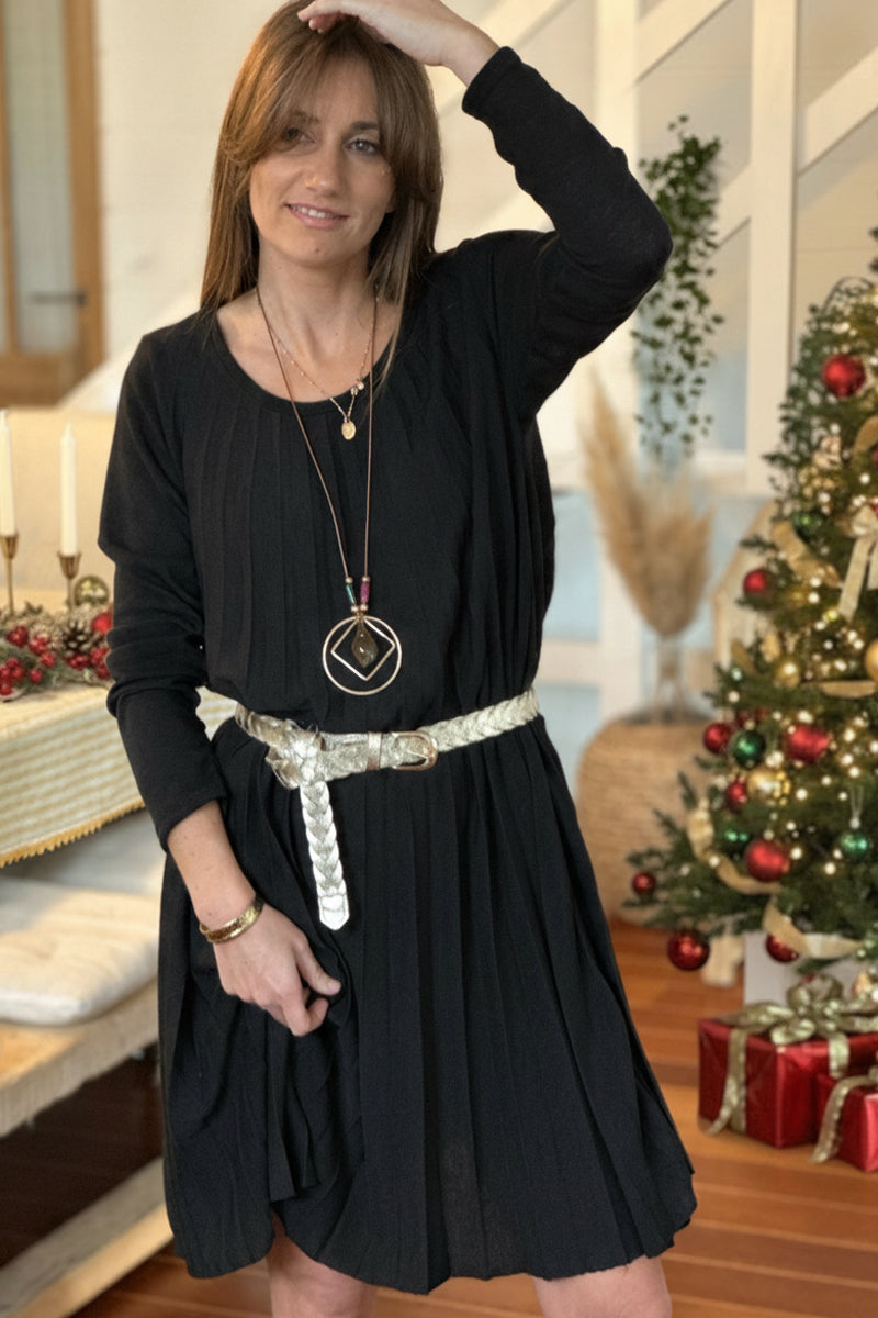 Black Pleated Long-Sleeve Knit Dress with Metallic Woven Belt
