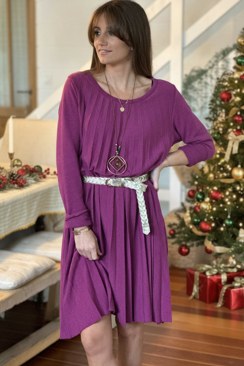 Aubergine Pleated Long-Sleeve Knit Dress with Metallic Woven Belt