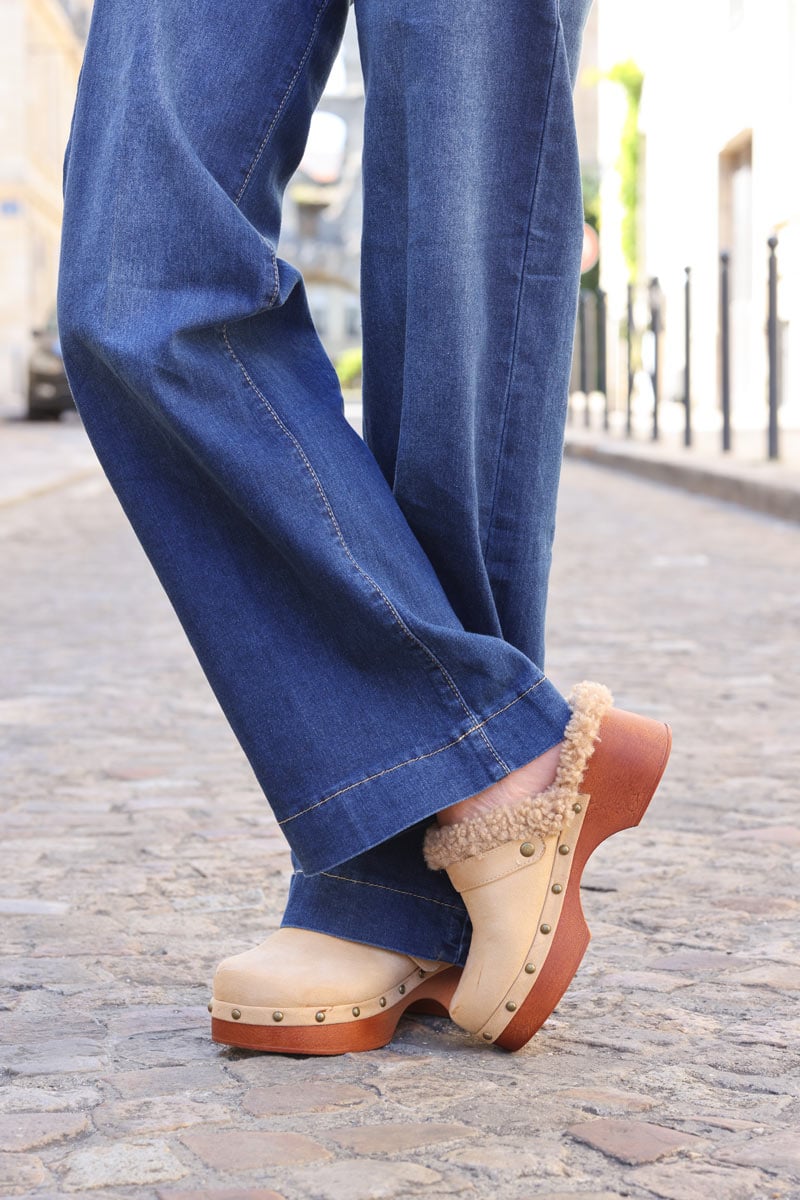 Beige suede fur lined studded clogs