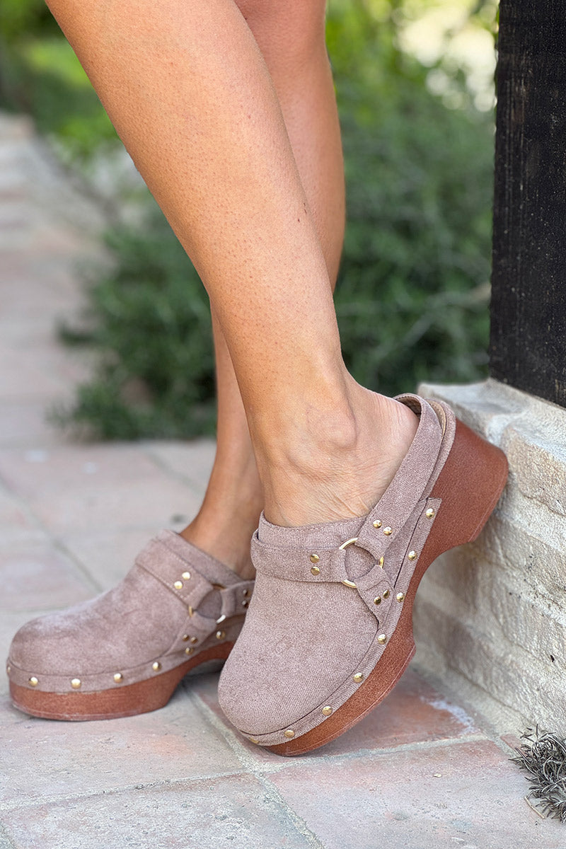 Taupe Suedette Buckle Strap Platform Clogs