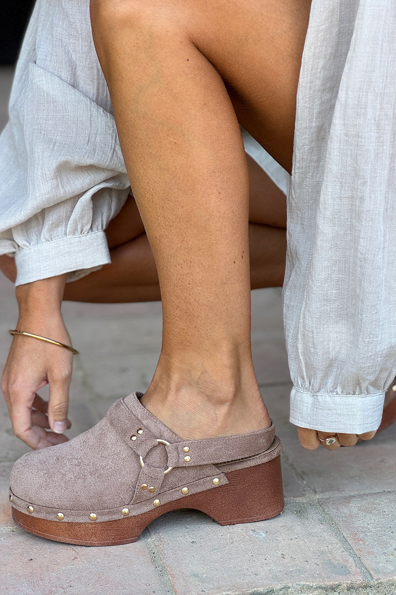 Taupe Suedette Buckle Strap Platform Clogs
