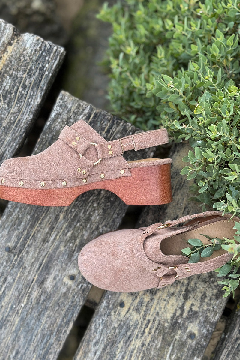 Taupe Suedette Buckle Strap Platform Clogs