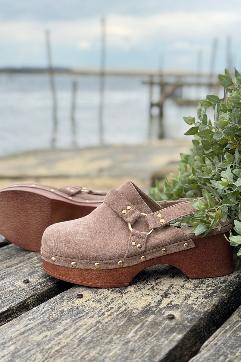 Taupe Suedette Buckle Strap Platform Clogs