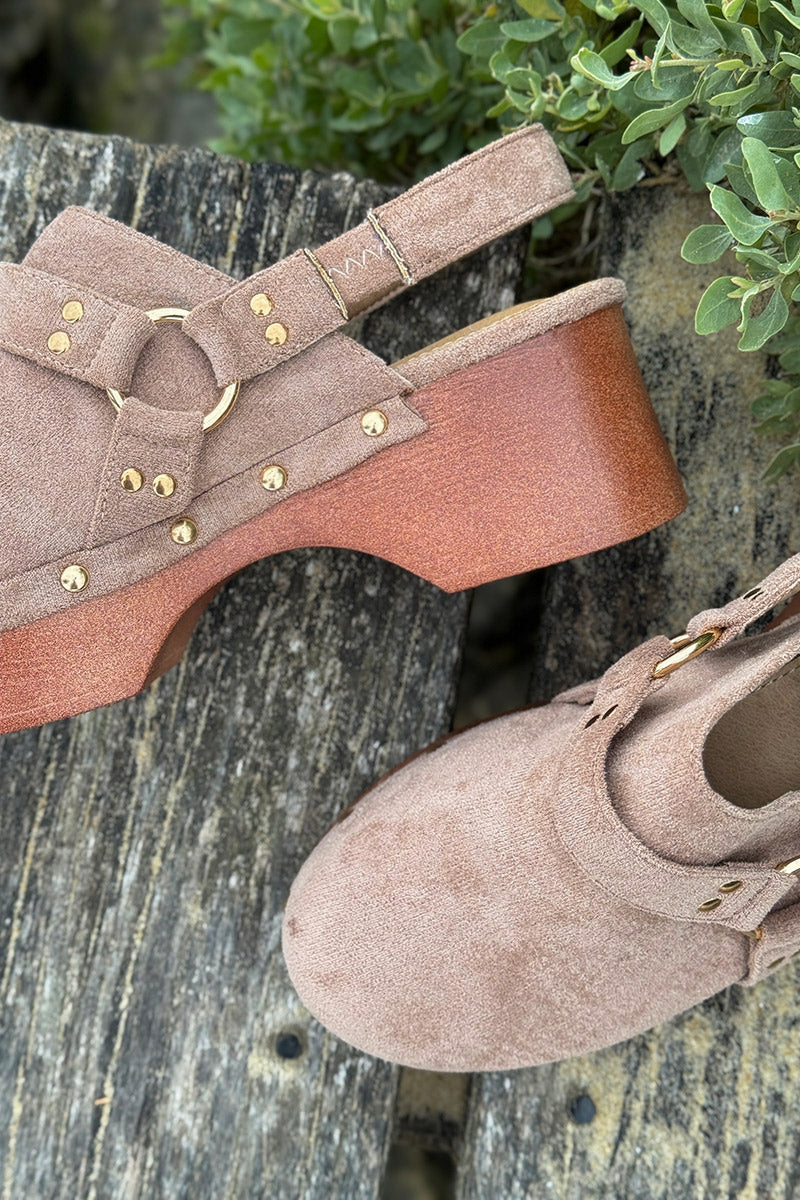 Taupe Suedette Buckle Strap Platform Clogs