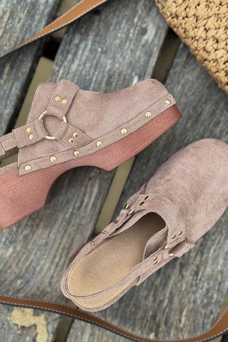Taupe Suedette Buckle Strap Platform Clogs