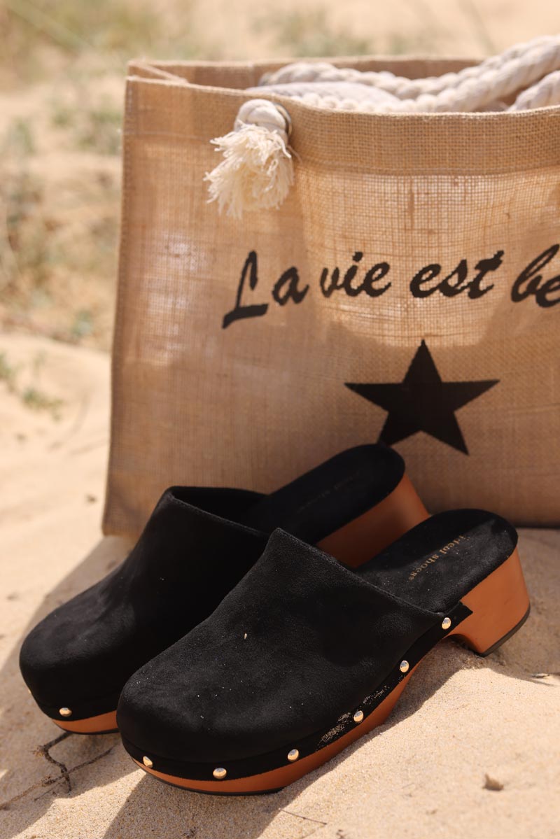 Sabots noir a talons en suedine et petits clous h009 (1)