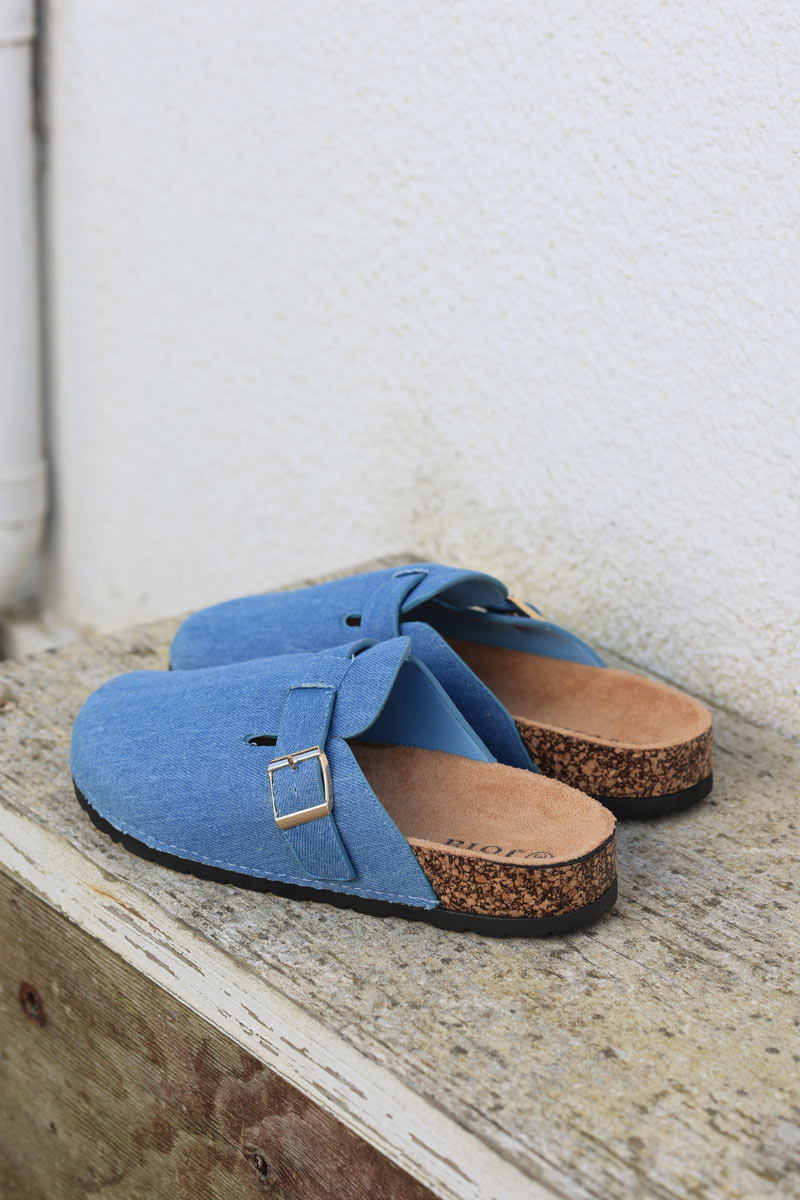 Blue jean effect slip on mules with buckle