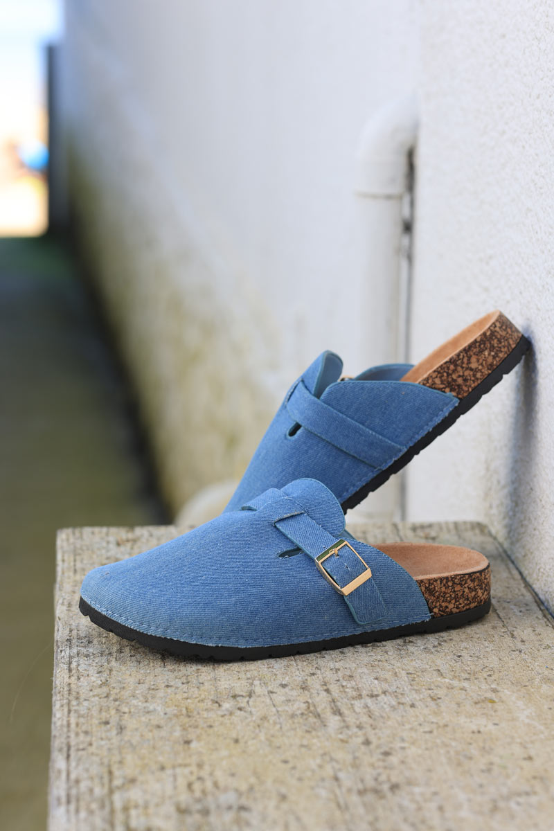 Blue jean effect slip on mules with buckle