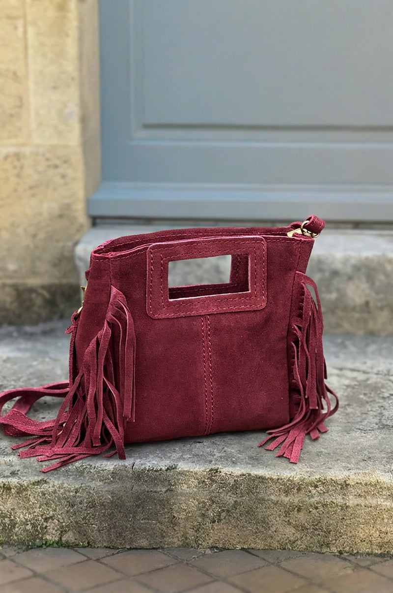 Sac à main à franges bordeaux en cuir suède anse poignée et bandoulière mini format