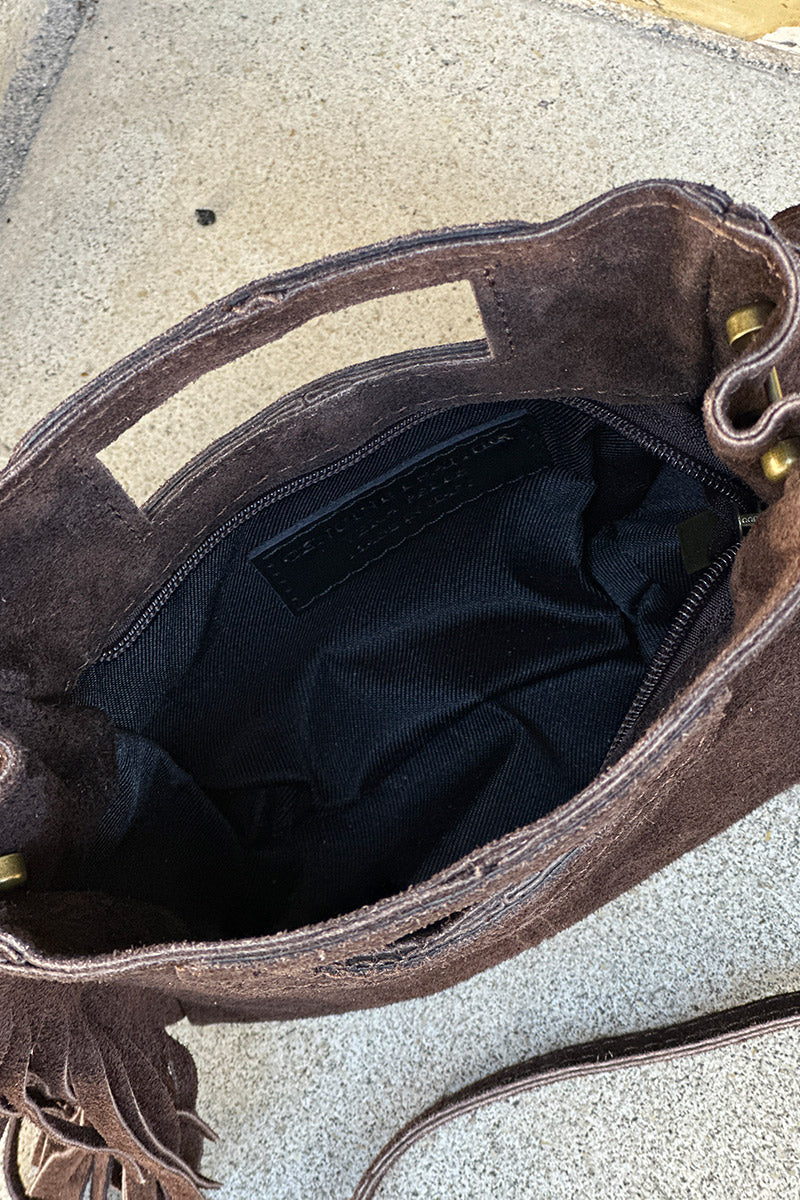 Sac à main à franges marron chocolat en cuir suède anse poignée et bandoulière mini format