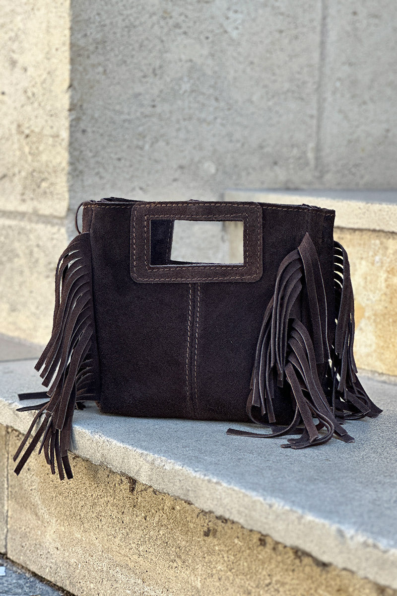 Sac à main à franges marron chocolat en cuir suède anse poignée et bandoulière mini format