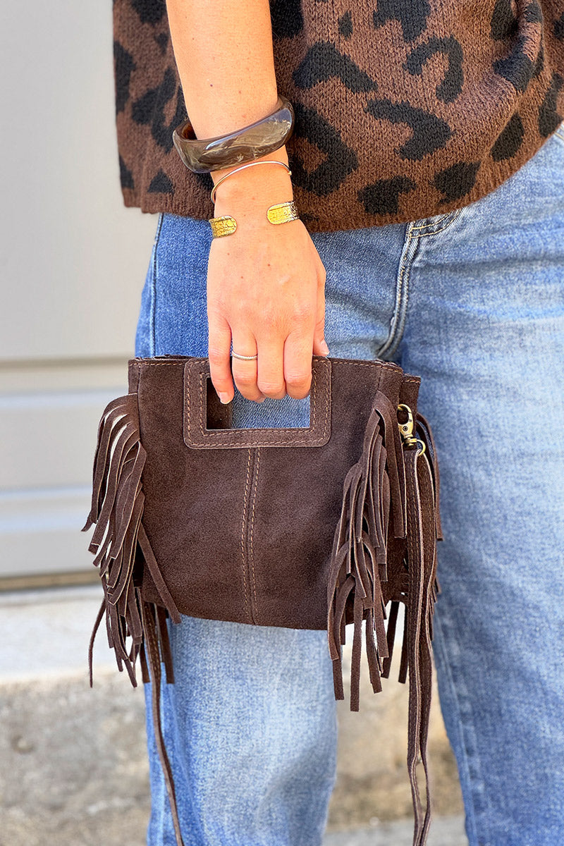 Sac à main à franges marron chocolat en cuir suède anse poignée et bandoulière mini format