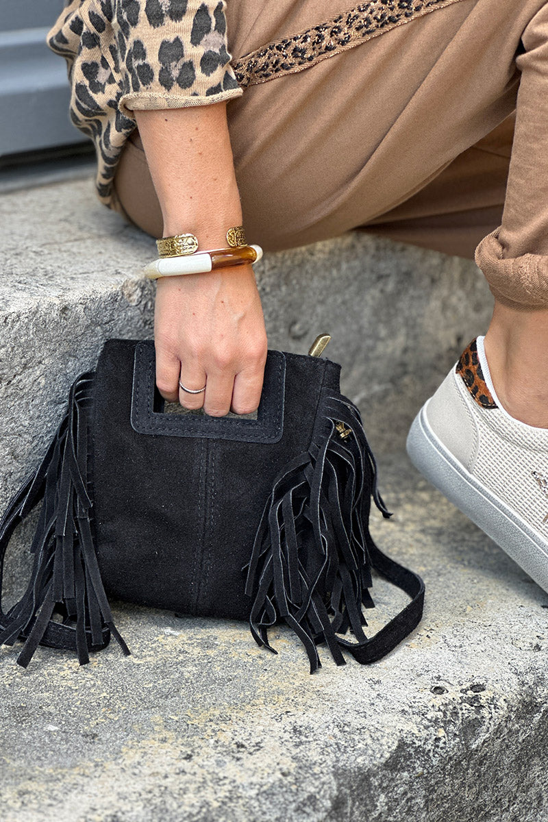 Sac à main à franges noir en cuir suède anse poignée et bandoulière mini format