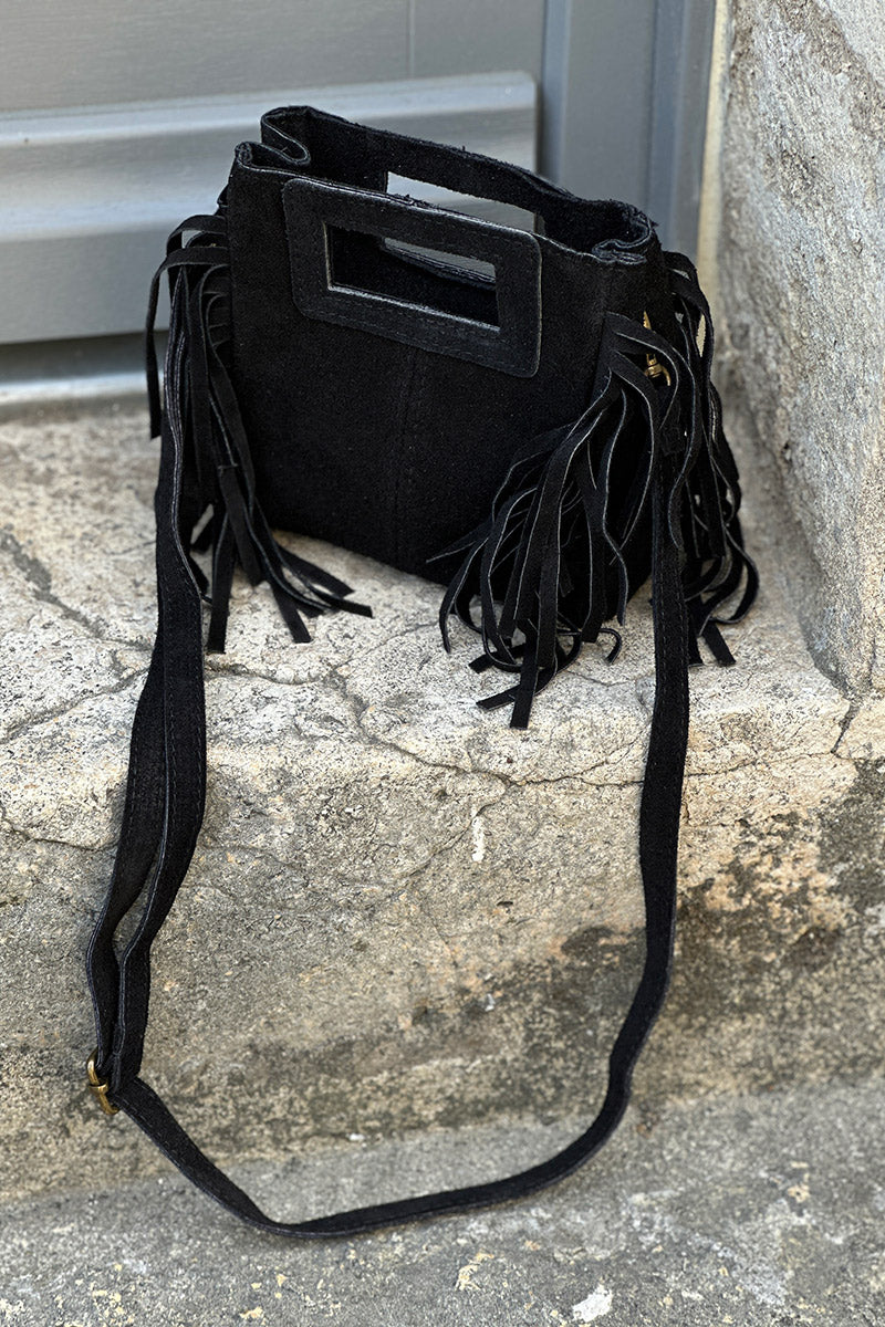 Sac à main à franges noir en cuir suède anse poignée et bandoulière mini format