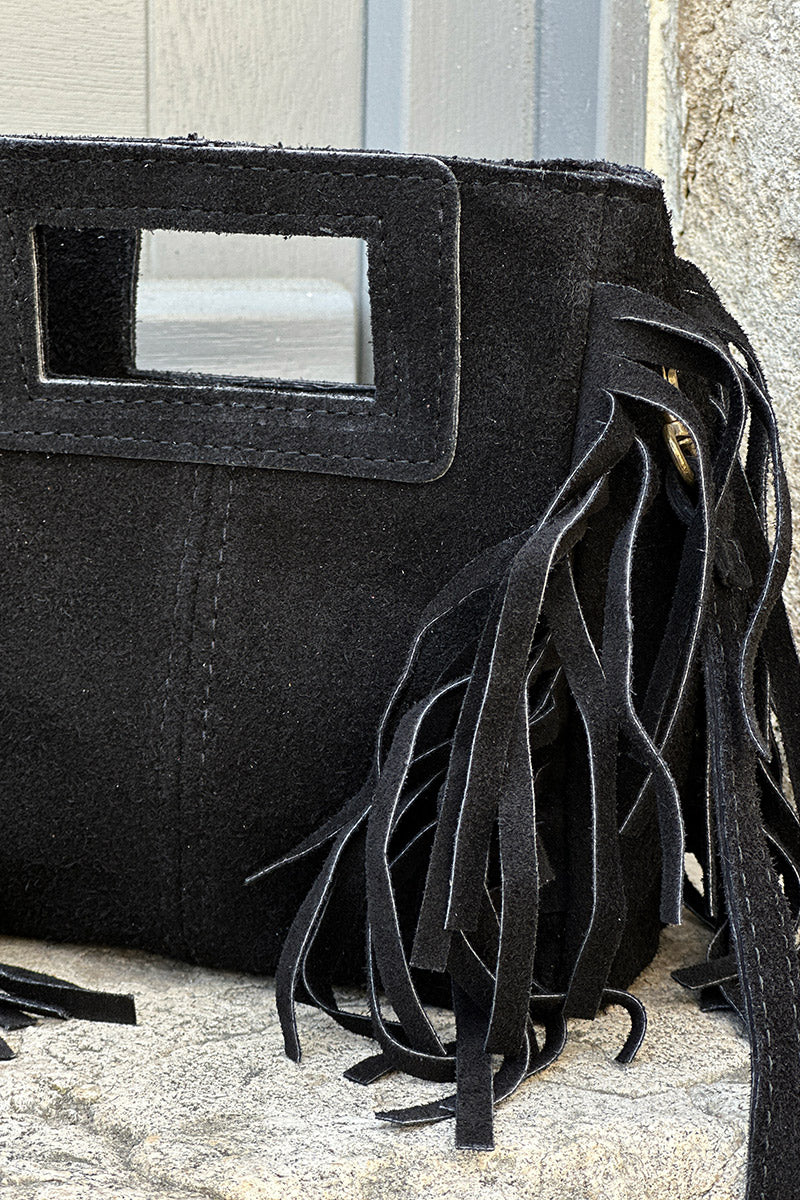 Sac à main à franges noir en cuir suède anse poignée et bandoulière mini format