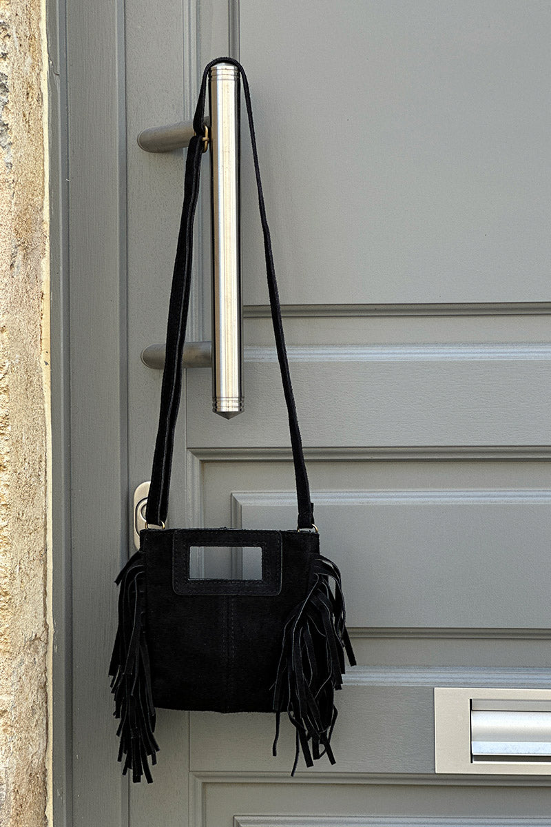 Sac à main à franges noir en cuir suède anse poignée et bandoulière mini format