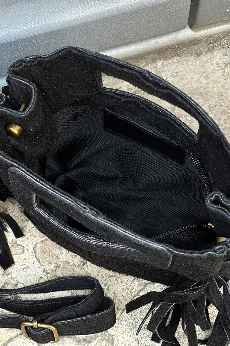 Sac à main à franges noir en cuir suède anse poignée et bandoulière mini format