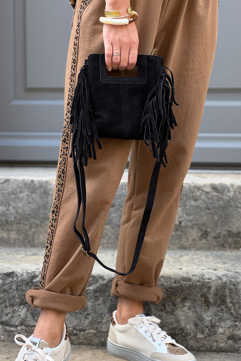 Sac à main à franges noir en cuir suède anse poignée et bandoulière mini format