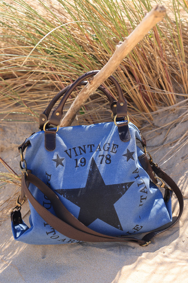 Sac à main bleu jean en coton et anses en cuir logo étoile vintage