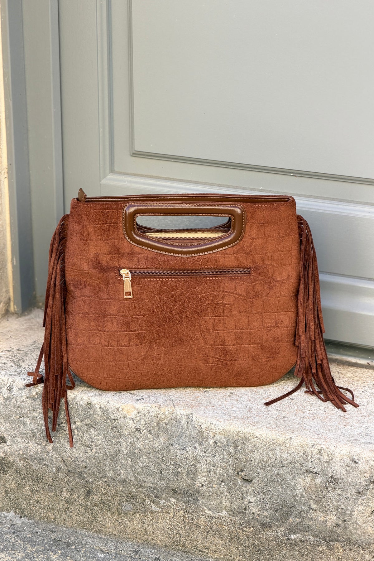 Sac à main en suédine camel effet croco détail franges