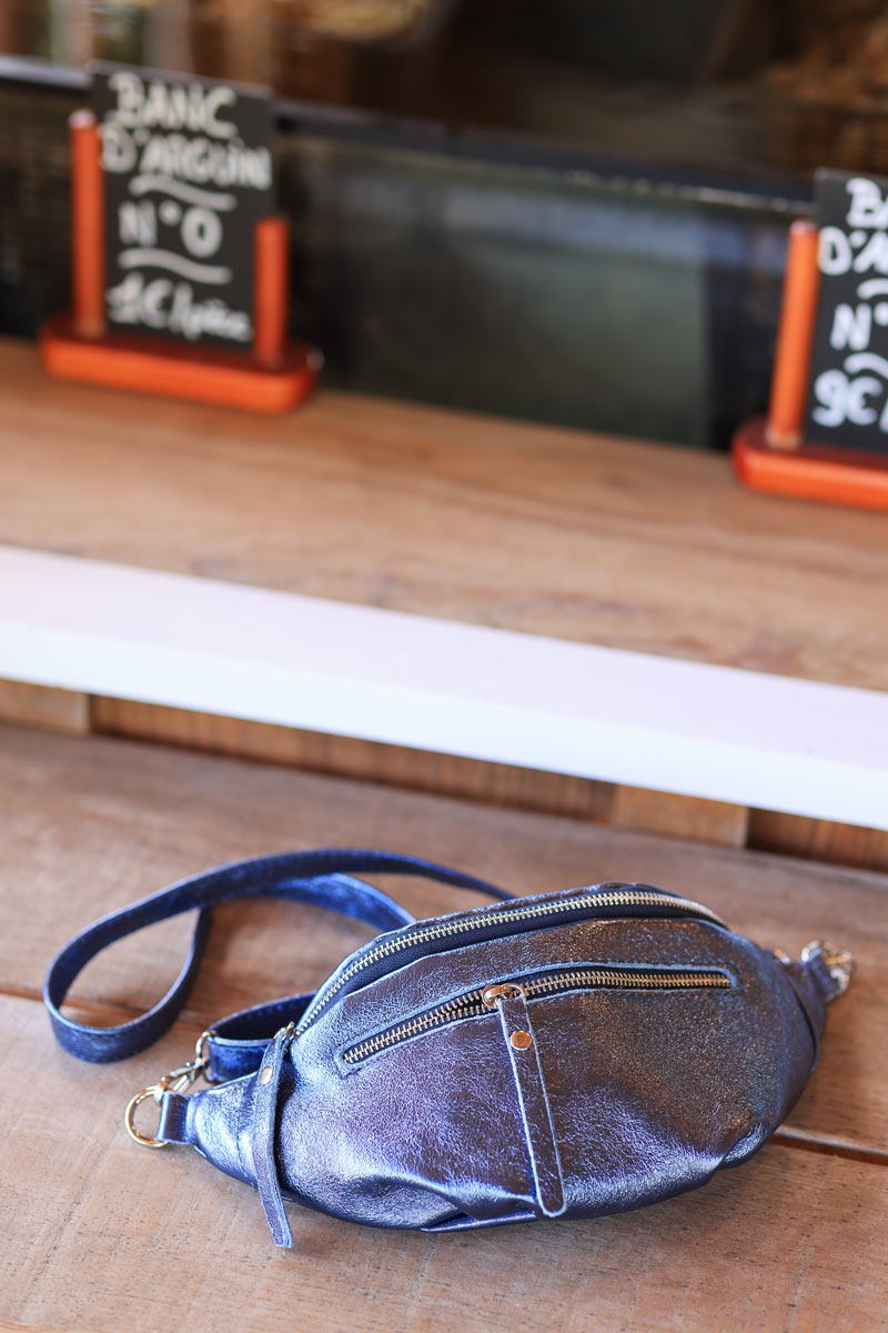 Sac banane brillante bleue double zips
