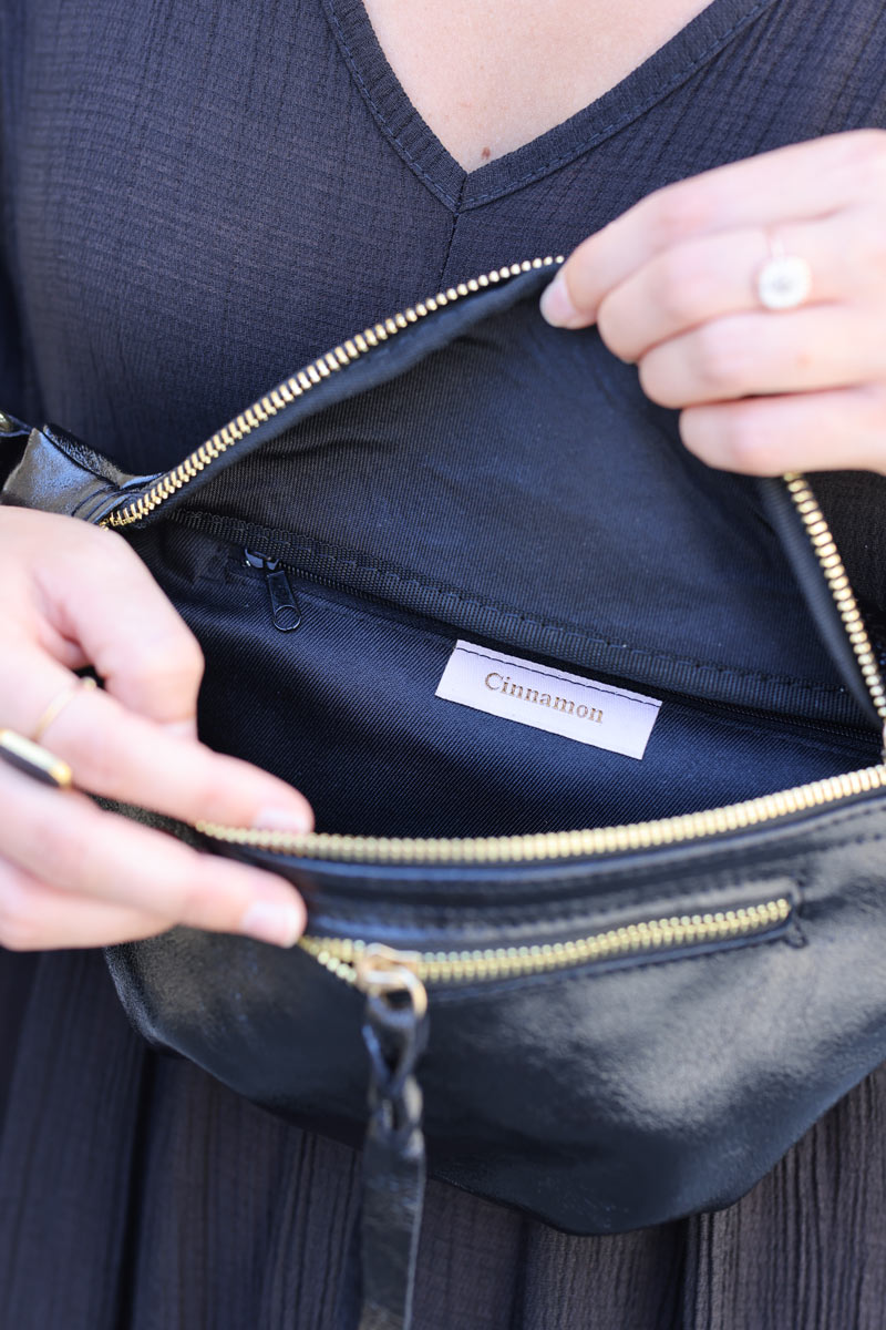 Sac banane brillante noire double zips H059 (1)