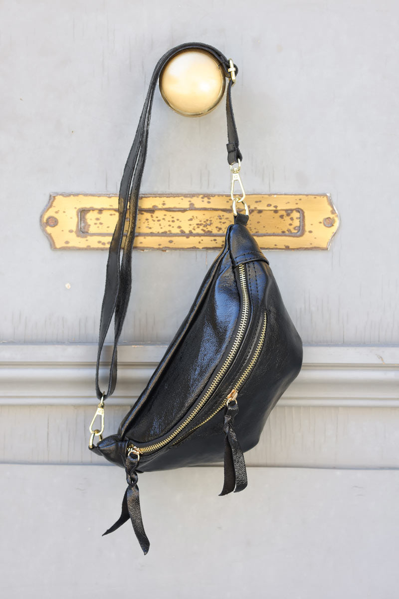 Sac banane brillante noire double zips H059 (1)