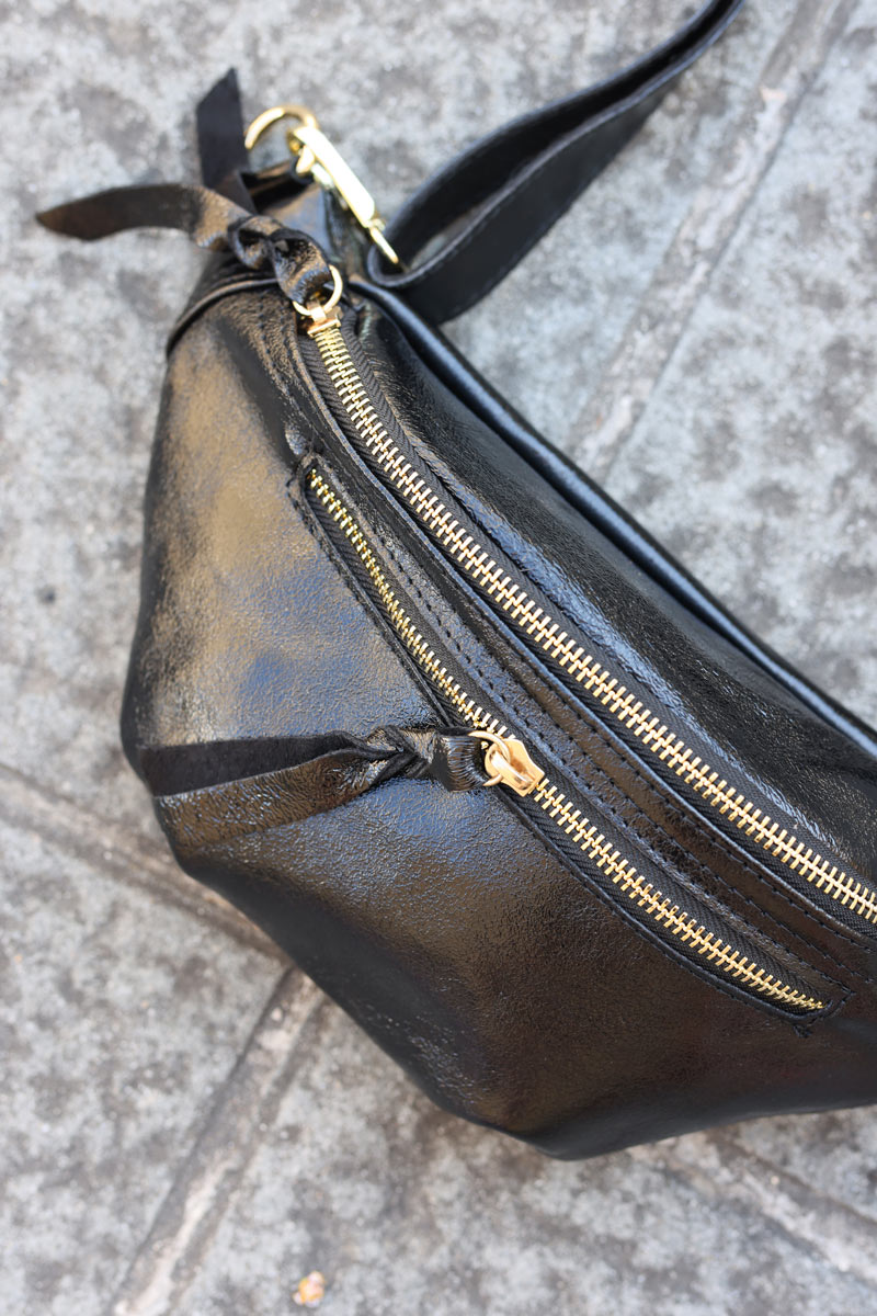Sac banane brillante noire double zips H059 (1)